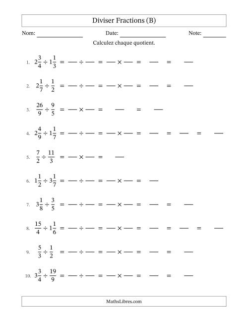 Diviser fractions propres, impropres et mixtes, et avec simplification dans quelques problèmes (Remplissable) (B)