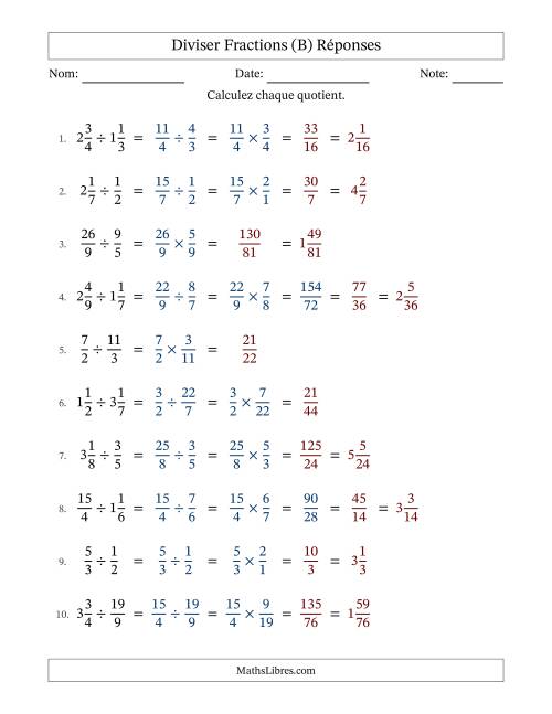 Diviser fractions propres, impropres et mixtes, et avec simplification dans quelques problèmes (Remplissable) (B) page 2