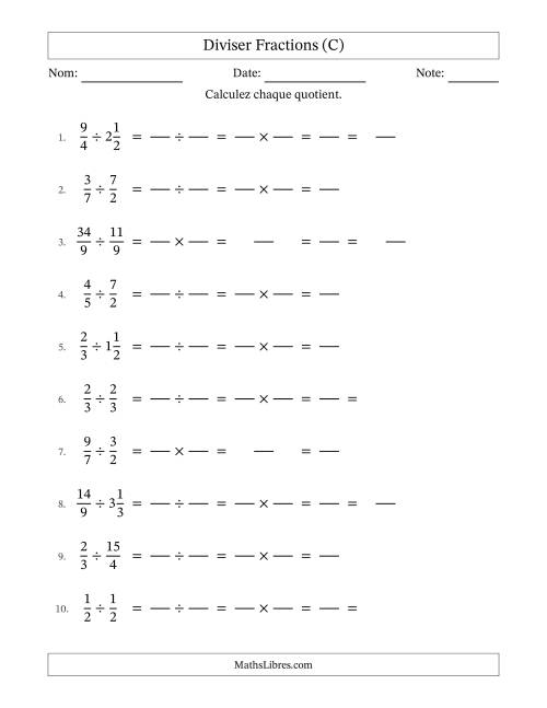 Diviser fractions propres, impropres et mixtes, et avec simplification dans quelques problèmes (Remplissable) (C)