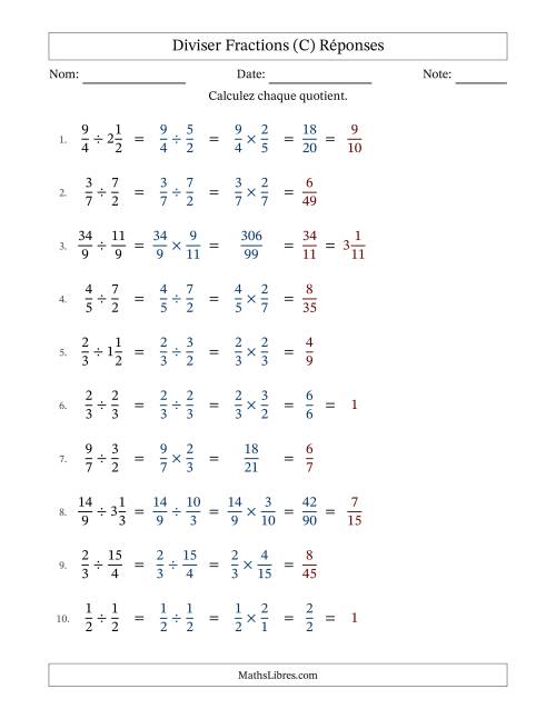 Diviser fractions propres, impropres et mixtes, et avec simplification dans quelques problèmes (Remplissable) (C) page 2