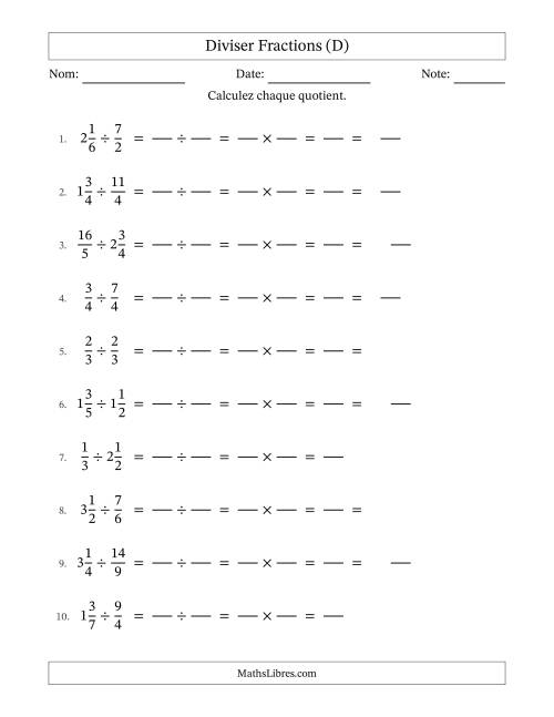 Diviser fractions propres, impropres et mixtes, et avec simplification dans quelques problèmes (Remplissable) (D)