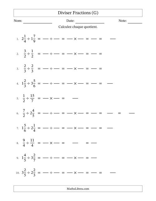 Diviser fractions propres, impropres et mixtes, et avec simplification dans quelques problèmes (Remplissable) (G)