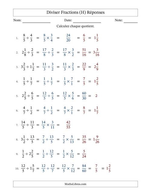 Diviser fractions propres, impropres et mixtes, et avec simplification dans quelques problèmes (Remplissable) (H) page 2