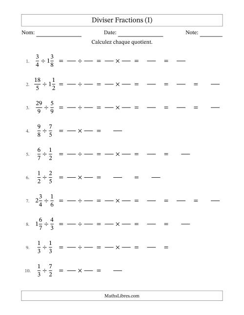 Diviser fractions propres, impropres et mixtes, et avec simplification dans quelques problèmes (Remplissable) (I)