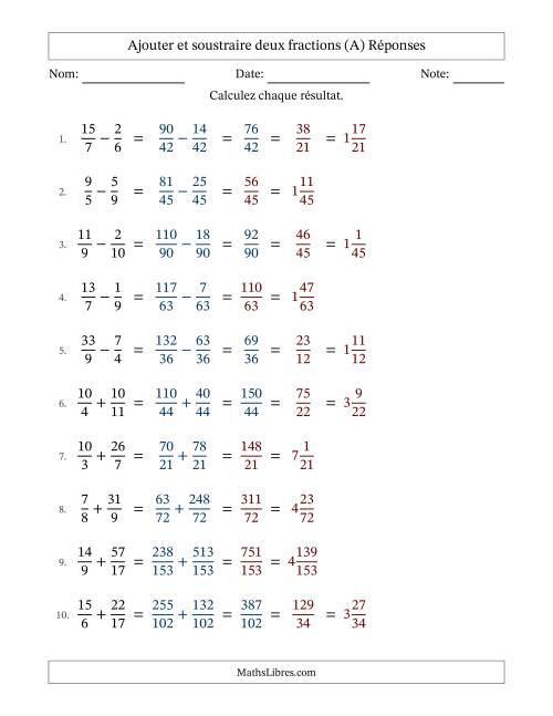 Ajouter et soustraire des fractions propres et impropres avec dénominateurs différents, résultats sous fractions mixtes et quelque simplification (Remplissable) (A) page 2