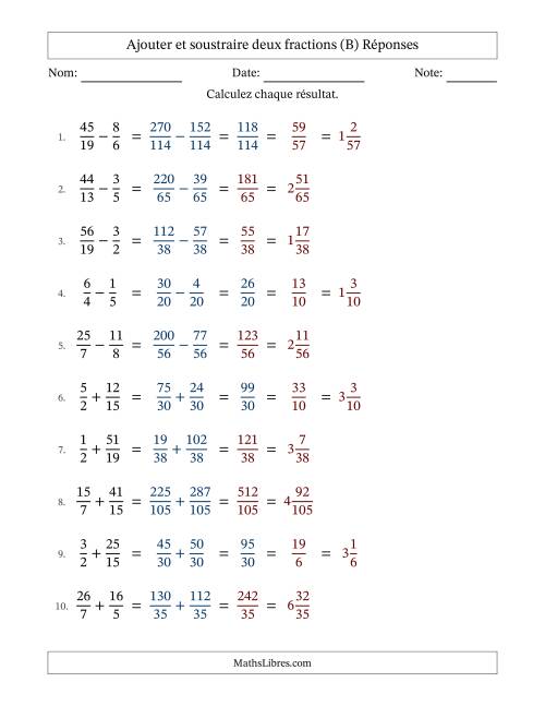 Ajouter et soustraire des fractions propres et impropres avec dénominateurs différents, résultats sous fractions mixtes et quelque simplification (Remplissable) (B) page 2