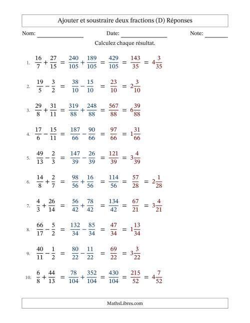 Ajouter et soustraire des fractions propres et impropres avec dénominateurs différents, résultats sous fractions mixtes et quelque simplification (Remplissable) (D) page 2