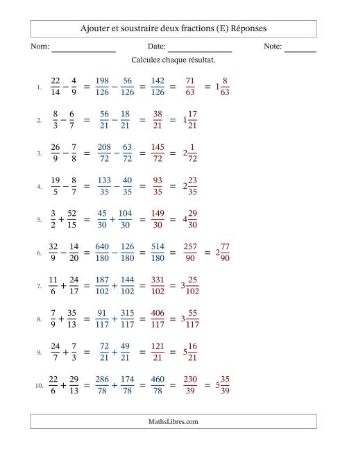 Ajouter et soustraire des fractions propres et impropres avec dénominateurs différents, résultats sous fractions mixtes et quelque simplification (Remplissable) (E) page 2