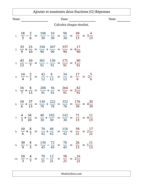 Ajouter et soustraire des fractions propres et impropres avec dénominateurs différents, résultats sous fractions mixtes et quelque simplification (Remplissable) (G) page 2