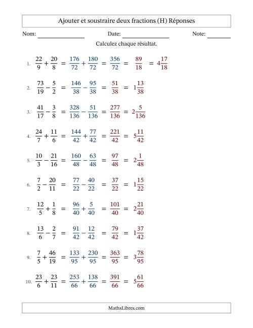 Ajouter et soustraire des fractions propres et impropres avec dénominateurs différents, résultats sous fractions mixtes et quelque simplification (Remplissable) (H) page 2