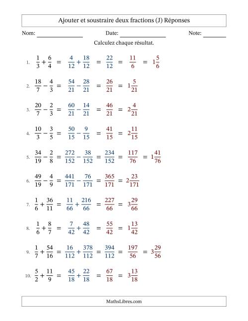 Ajouter et soustraire des fractions propres et impropres avec dénominateurs différents, résultats sous fractions mixtes et quelque simplification (Remplissable) (J) page 2