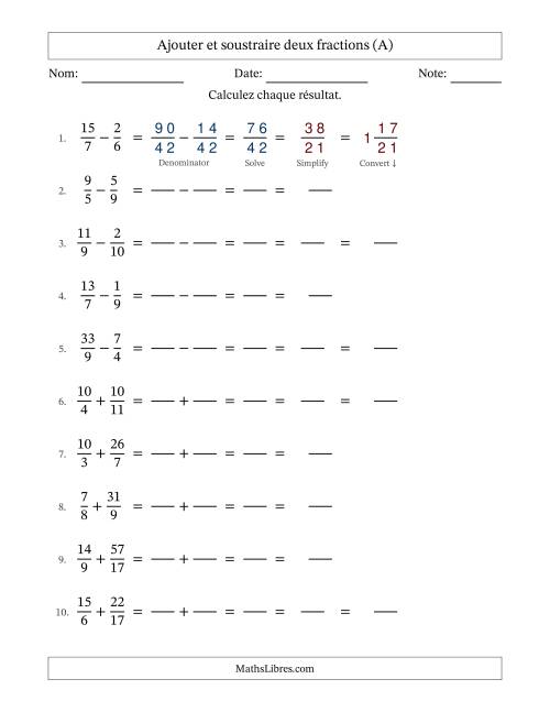 Ajouter et soustraire des fractions propres et impropres avec dénominateurs différents, résultats sous fractions mixtes et quelque simplification (Remplissable) (Tout)