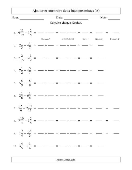 Ajouter et soustraire deux fractions mixtes avec dénominateurs différents, résultats sous fractions mixtes et quelque simplification (Remplissable) (A)