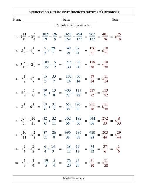 Ajouter et soustraire deux fractions mixtes avec dénominateurs différents, résultats sous fractions mixtes et quelque simplification (Remplissable) (A) page 2