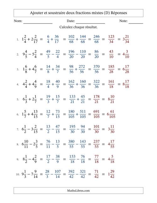 Ajouter et soustraire deux fractions mixtes avec dénominateurs différents, résultats sous fractions mixtes et quelque simplification (Remplissable) (D) page 2