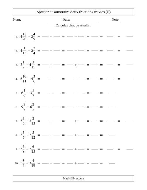 Ajouter et soustraire deux fractions mixtes avec dénominateurs différents, résultats sous fractions mixtes et quelque simplification (Remplissable) (F)