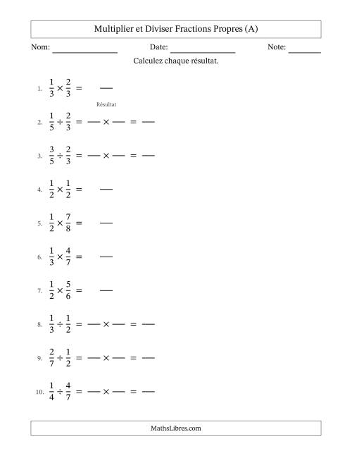Multiplier et diviser fractions propres, et sans simplification (Remplissable) (A)