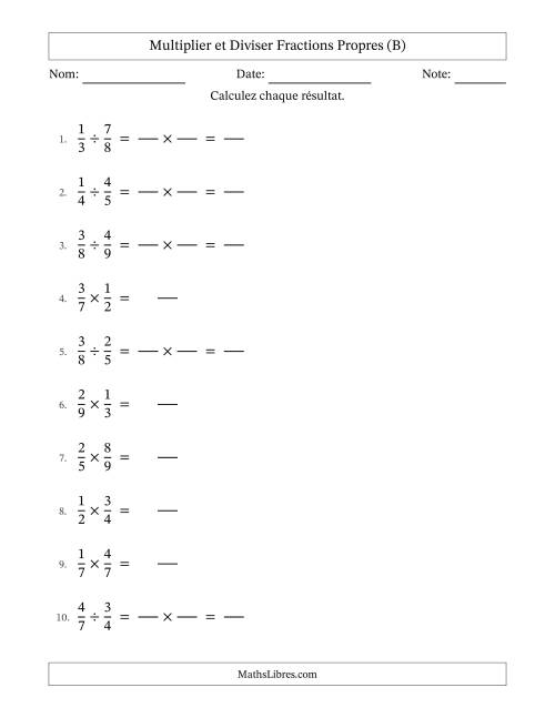 Multiplier et diviser fractions propres, et sans simplification (Remplissable) (B)