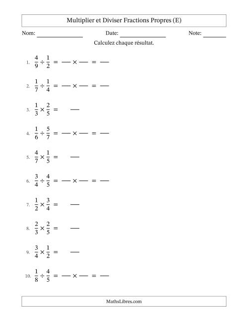 Multiplier et diviser fractions propres, et sans simplification (Remplissable) (E)