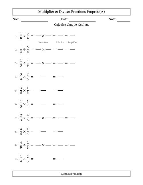 Multiplier et diviser fractions propres, et avec simplification dans tous les problèmes (Remplissable) (A)