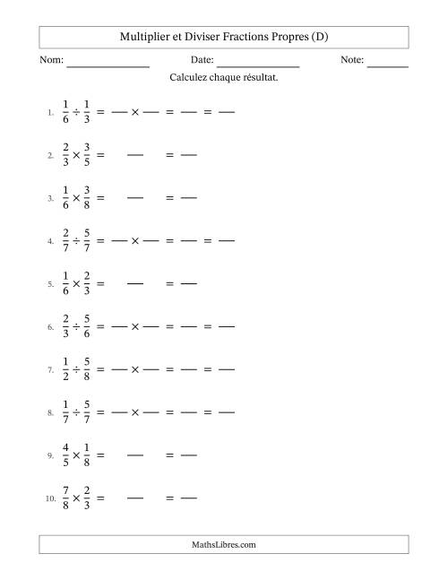 Multiplier et diviser fractions propres, et avec simplification dans tous les problèmes (Remplissable) (D)