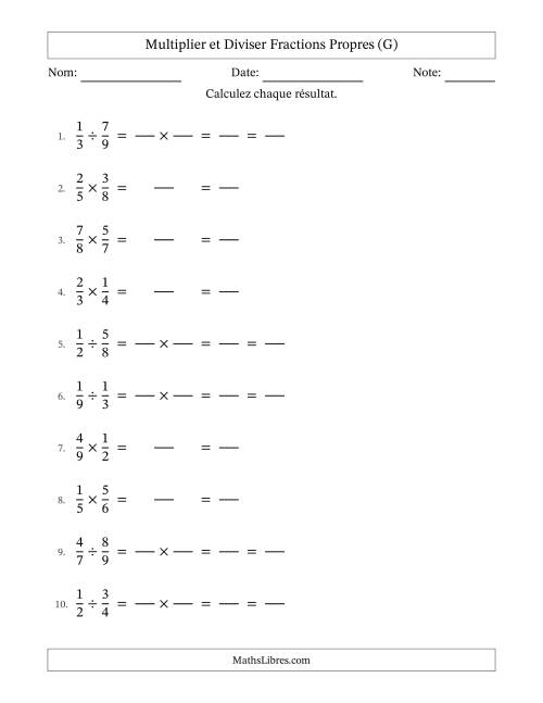 Multiplier et diviser fractions propres, et avec simplification dans tous les problèmes (Remplissable) (G)