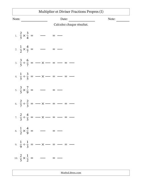 Multiplier et diviser fractions propres, et avec simplification dans tous les problèmes (Remplissable) (I)