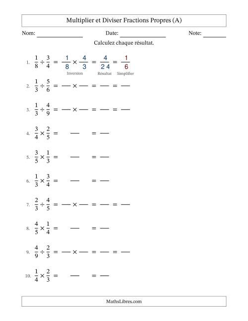 Multiplier et diviser fractions propres, et avec simplification dans tous les problèmes (Remplissable) (Tout)