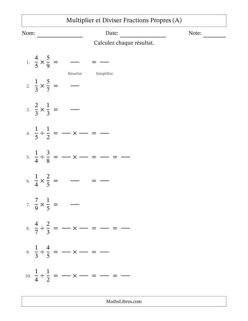 Multiplier et diviser fractions propres, et avec simplification dans quelques problèmes (Remplissable) (A)