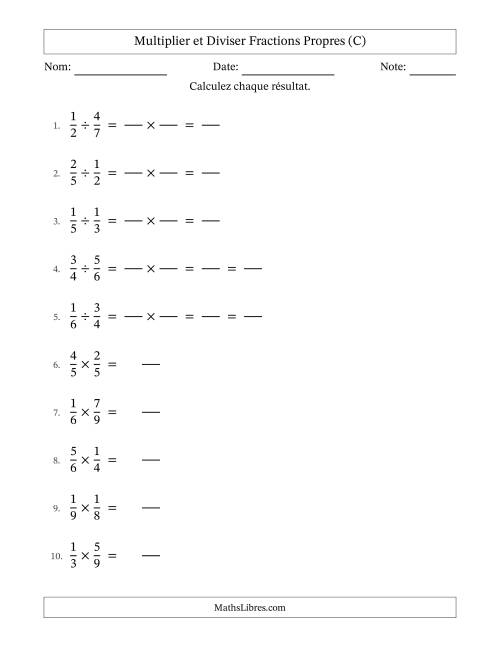 Multiplier et diviser fractions propres, et avec simplification dans quelques problèmes (Remplissable) (C)