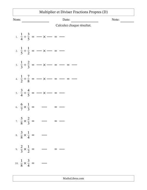 Multiplier et diviser fractions propres, et avec simplification dans quelques problèmes (Remplissable) (D)