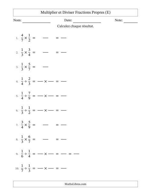 Multiplier et diviser fractions propres, et avec simplification dans quelques problèmes (Remplissable) (E)