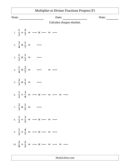 Multiplier et diviser fractions propres, et avec simplification dans quelques problèmes (Remplissable) (F)