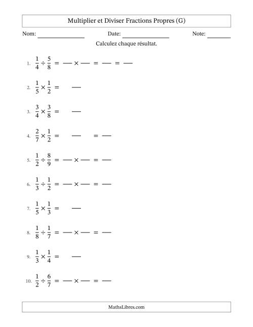 Multiplier et diviser fractions propres, et avec simplification dans quelques problèmes (Remplissable) (G)