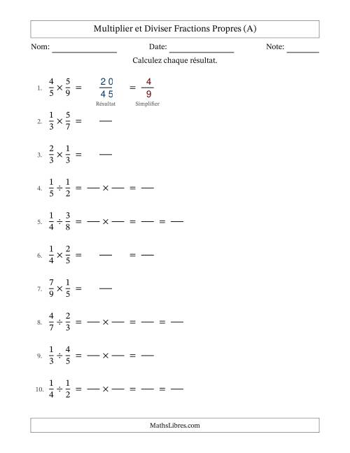 Multiplier et diviser fractions propres, et avec simplification dans quelques problèmes (Remplissable) (Tout)