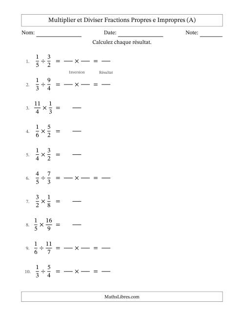 Multiplier et diviser fractions propres e impropres, et sans simplification (Remplissable) (A)