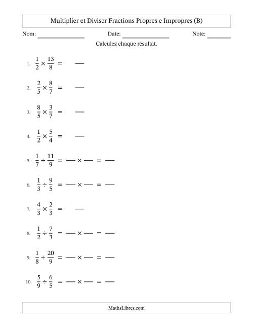 Multiplier et diviser fractions propres e impropres, et sans simplification (Remplissable) (B)