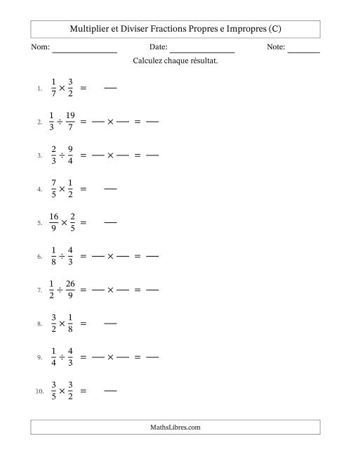 Multiplier et diviser fractions propres e impropres, et sans simplification (Remplissable) (C)