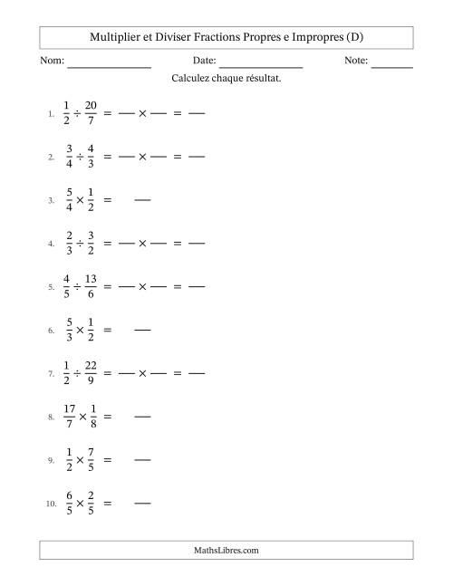 Multiplier et diviser fractions propres e impropres, et sans simplification (Remplissable) (D)