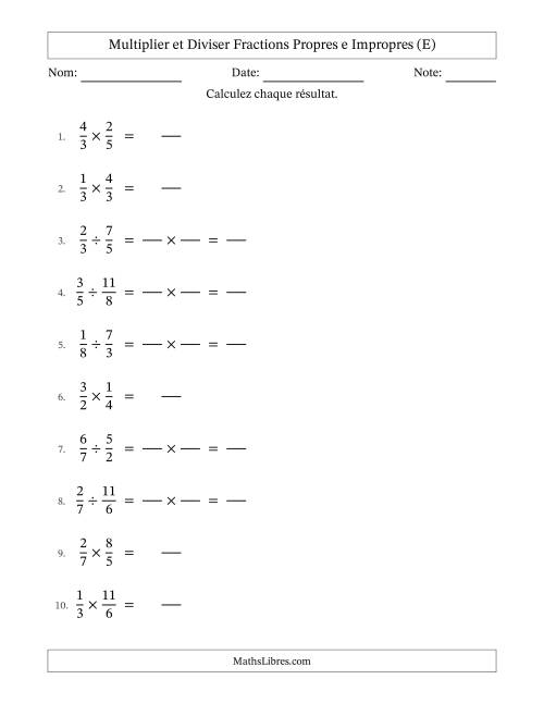 Multiplier et diviser fractions propres e impropres, et sans simplification (Remplissable) (E)