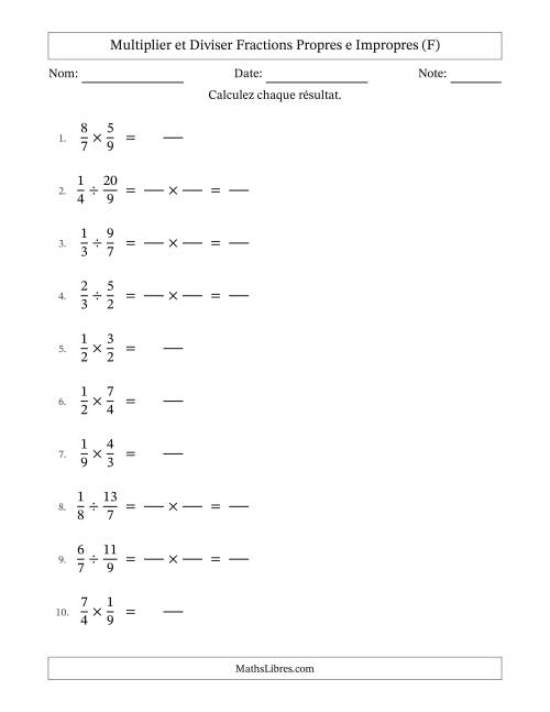 Multiplier et diviser fractions propres e impropres, et sans simplification (Remplissable) (F)