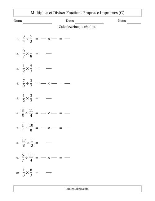 Multiplier et diviser fractions propres e impropres, et sans simplification (Remplissable) (G)