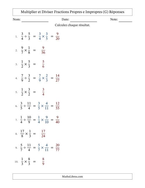 Multiplier et diviser fractions propres e impropres, et sans simplification (Remplissable) (G) page 2