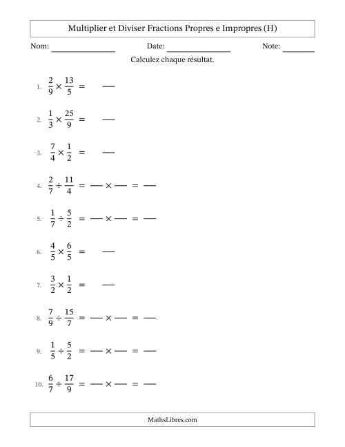 Multiplier et diviser fractions propres e impropres, et sans simplification (Remplissable) (H)