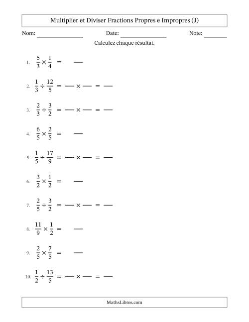Multiplier et diviser fractions propres e impropres, et sans simplification (Remplissable) (J)