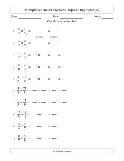 Multiplier et diviser fractions propres e impropres, et avec simplification dans tous les problèmes (Remplissable)