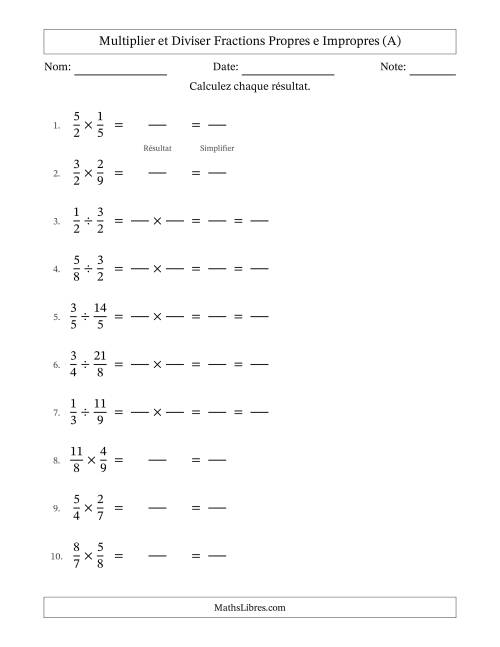Multiplier et diviser fractions propres e impropres, et avec simplification dans tous les problèmes (Remplissable) (A)
