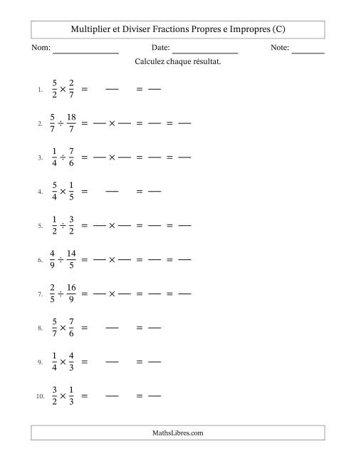 Multiplier et diviser fractions propres e impropres, et avec simplification dans tous les problèmes (Remplissable) (C)