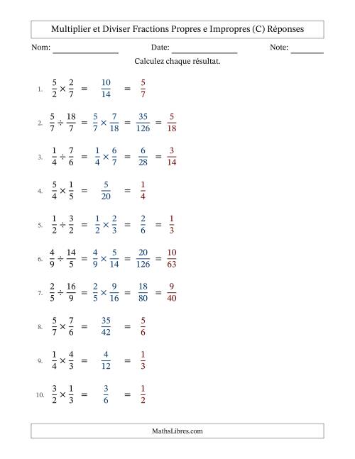 Multiplier et diviser fractions propres e impropres, et avec simplification dans tous les problèmes (Remplissable) (C) page 2