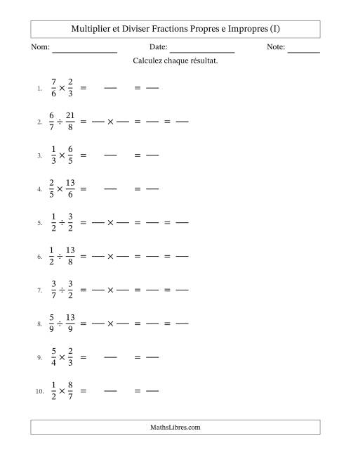 Multiplier et diviser fractions propres e impropres, et avec simplification dans tous les problèmes (Remplissable) (I)